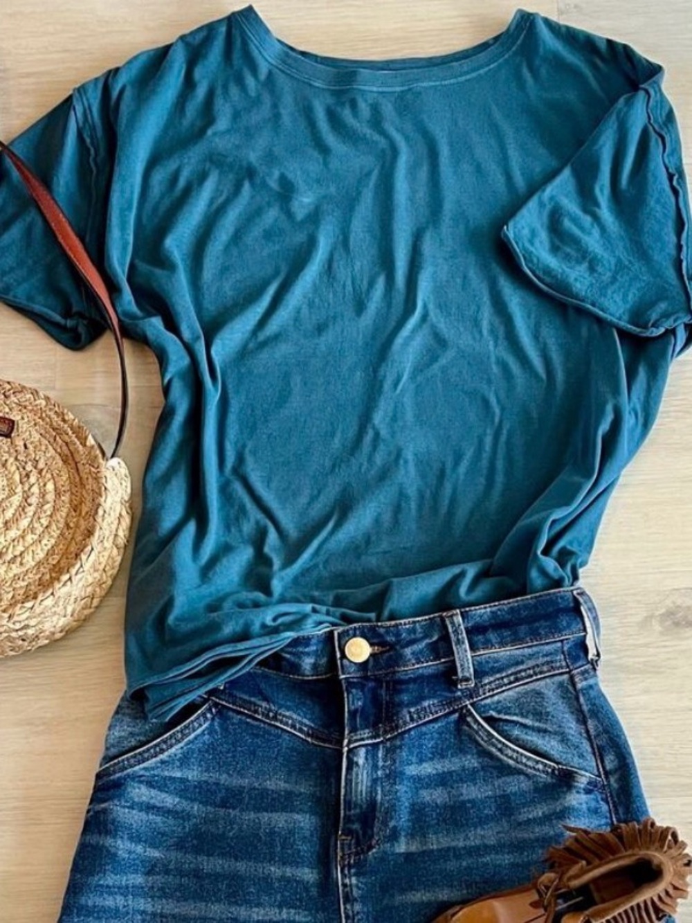 Free People We The Free Teal Oversized Tee Raw Seam Boxy Top S